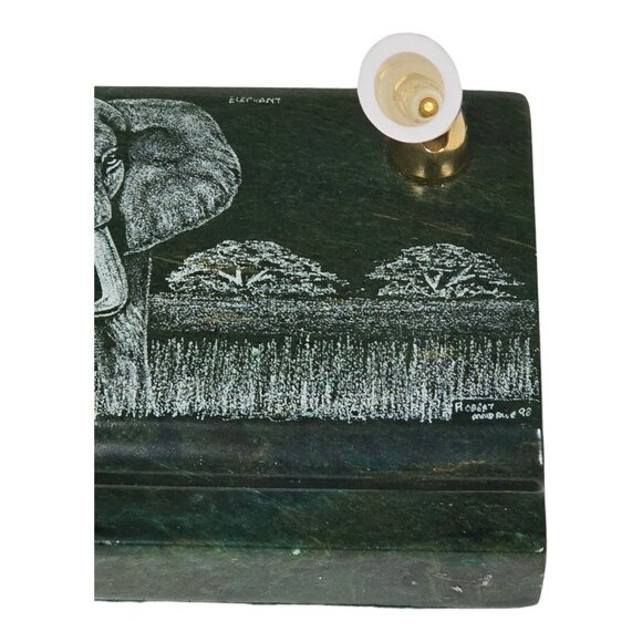 Vtg Signed African Verdite Stone Elephant Hand Crafted Etched Desk Pen Holder - Picture 7 of 11